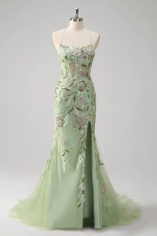 Silk Dresses for Luxurious -Green Mermaid Halter Corset Appliqued Long Prom Dress With Slit