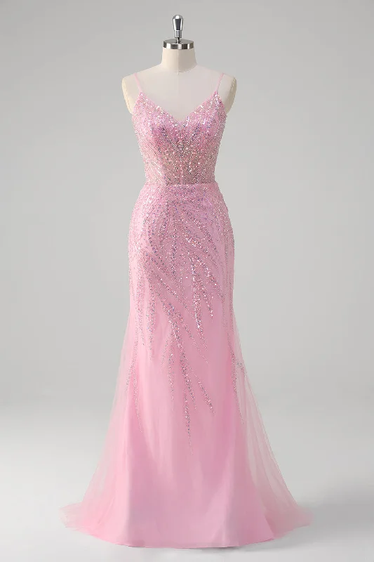 Birthday Dresses for Celebration -Pink Mermaid Spaghetti Straps Sequin Corset Long Prom Dress