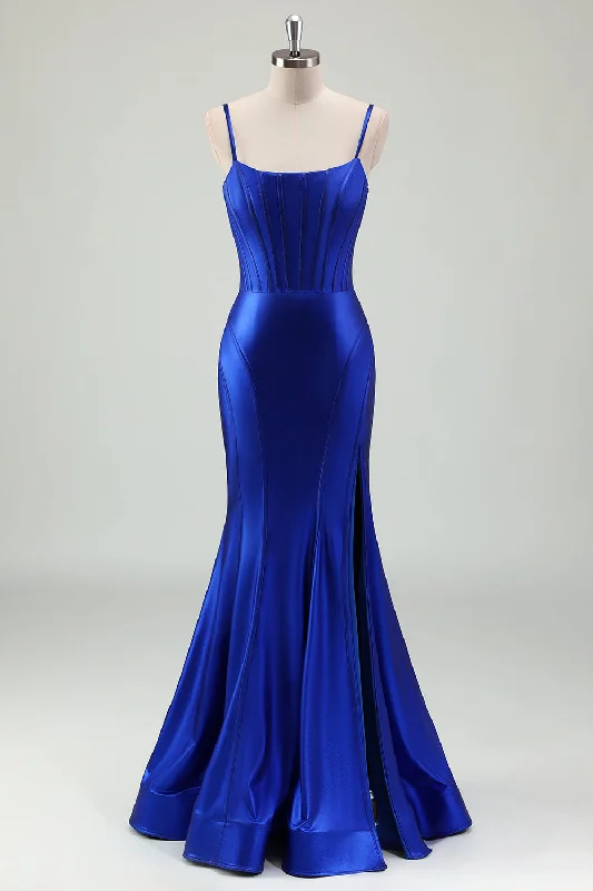 Halter Dresses for Chic Style -Royal Blue Mermaid Spaghetti Straps Corset Satin Long Prom Dress with Slit