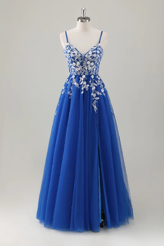 Beige Dresses for Neutral -Royal Blue Ball-Gown Long Appliqued Prom Dress with Slit