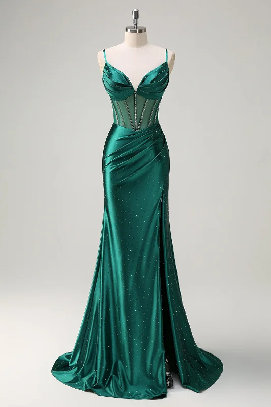 Striped Dresses for Fashionable -Sparkly Dark Green Mermaid Spaghetti Straps Corset Beaded Long Prom Dress with Slit