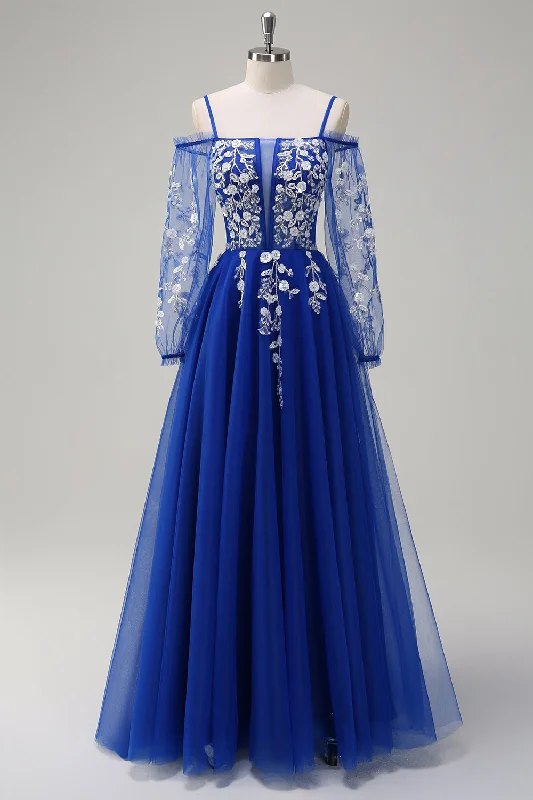 Sheath Dresses for Sophisticated -Sparkly Royal Blue A-Line Cold Shoulder Long Sleeves Long Prom Dress with Appliques