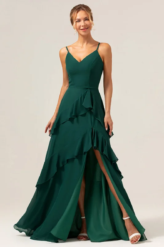 Office Dresses for Business -Dark Green A-Line Spaghetti Straps Chiffon Long Bridesmaid Dress with Ruffles