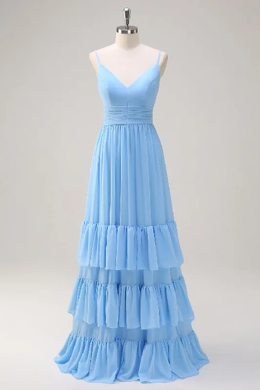 Tiered Dresses for Voluminous -Blue A Line Spaghetti Straps V Neck Tiered  Long Bridesmaid Dress