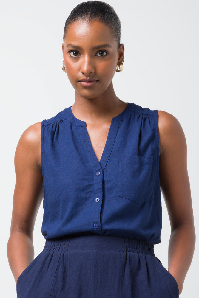 Blue Blouses for Classic -Sleeveless Shirt Linen Navy