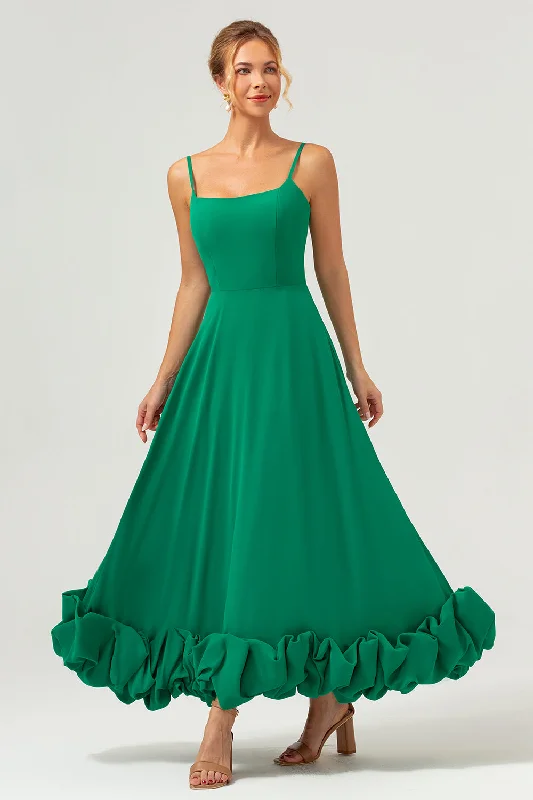 Embroidered Dresses for Detailed -Elegant Green A Line Spaghetti Straps Chiffon Long Bridesmaid Dress