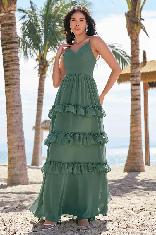 Celtic Dresses with Knotwork -Eucalyptus A-Line Chiffon Tiered Long Bridesmaid Dress