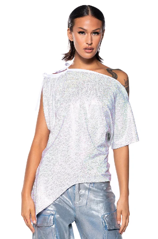 Resort Blouses for Holiday -GLISTENING ASYMMETRICAL TSHIRT IN WHITE MULTI