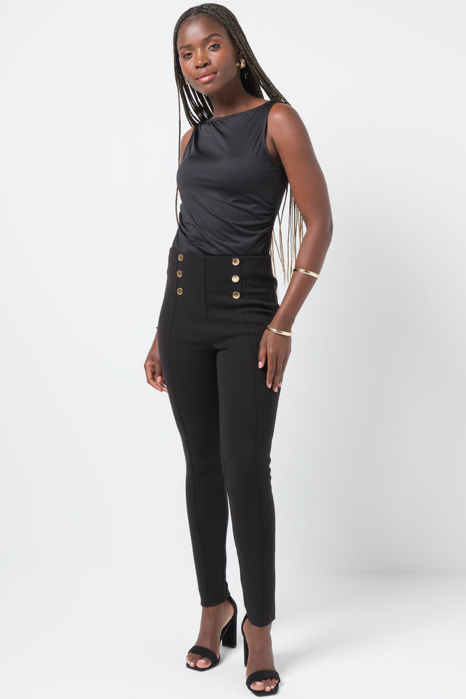 Tapered tight trousers for women with ankle-length fit and minimalist style -Legging With Gold Buttons Black