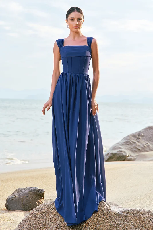 Indian Dresses with Intricacy -A-Line Square Neck Corset Dark Blue Long Bridesmaid Dress with Lace Up Back