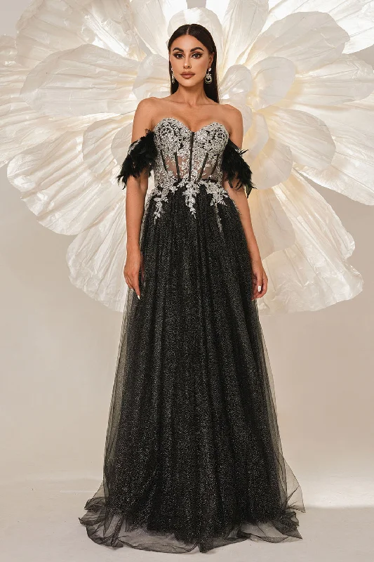 White Dresses for Pure Look -Sparkly Black Off the Shouler A-Line Tulle Long Corset Prom Dress with Feather