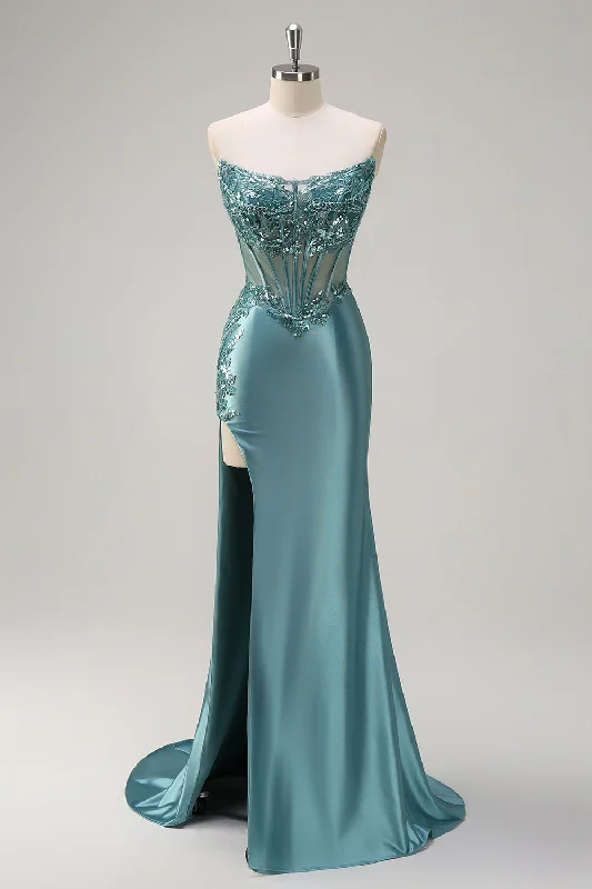 Leather Dresses for Luxury -Sparkly Grey Green Mermaid Strapless Corset Appliques Satin Long Prom Dress with Slit