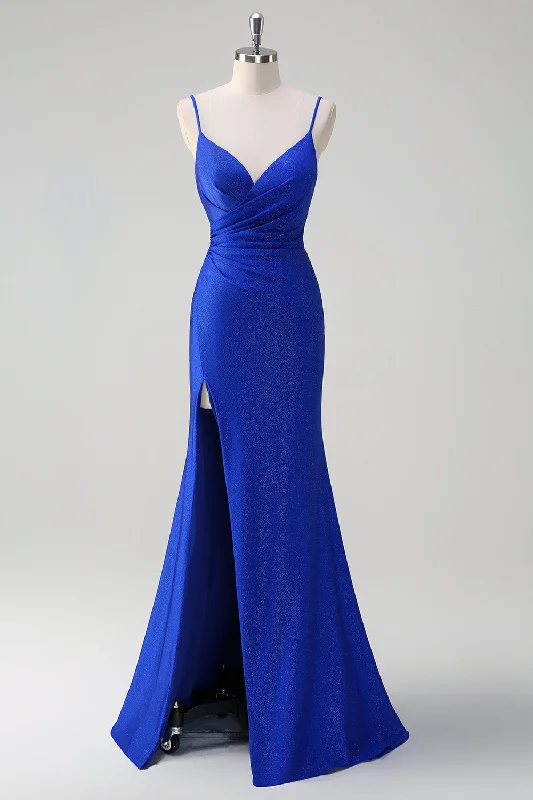 Geometric Dresses for Modern -Glitter Royal Blue Mermaid Spaghetti Straps Ruched Long Prom Dress With Slit