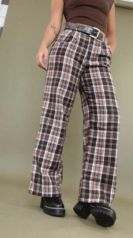 Stretch tight trousers for women with deep waistband for extra comfort and fit -Plaid Straight Leg Pants, Brown