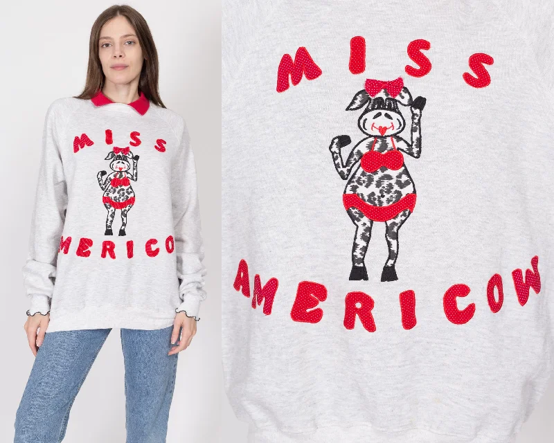 Henley Shirts for Relaxed -2X 90s "Miss Americow" Collared Cow Sweatshirt