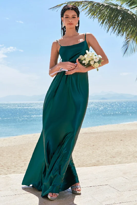 Bohemian Dresses with Tassels -A-Line Dark Green Spaghetti Straps Satin Ruched Long Bridesmaid Dress