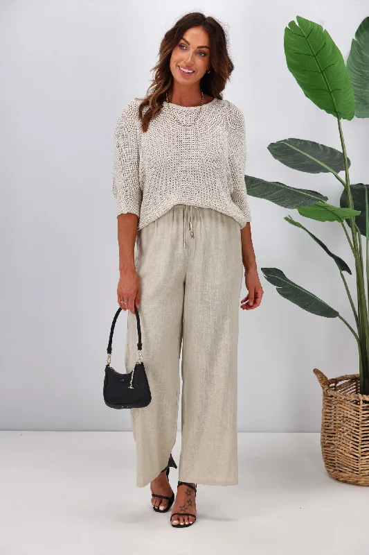 Stretchy knit tight trousers for women with soft fabric and relaxed fit -Jane James Renee Linen Look Pant With Satin Stripe Stone