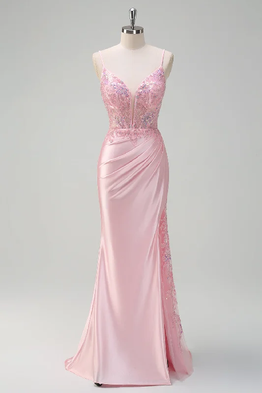 One-shoulder Dresses for Trendy -Sparkly Sequins Light Pink Mermaid Ruched Corset Prom Dress with Slit