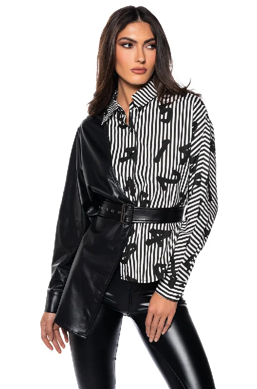 Nickel Free Blouses for Safety -ONLY ONE BELTED PU AND POPLIN BUTTON DOWN SHIRT