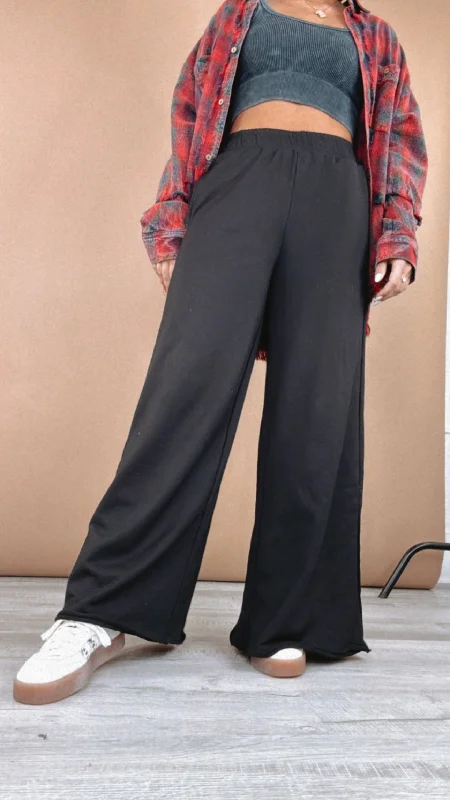 Stretch denim tight trousers for women with flexibility and stylish design -French Terry Wide Leg Sweatpants, Black