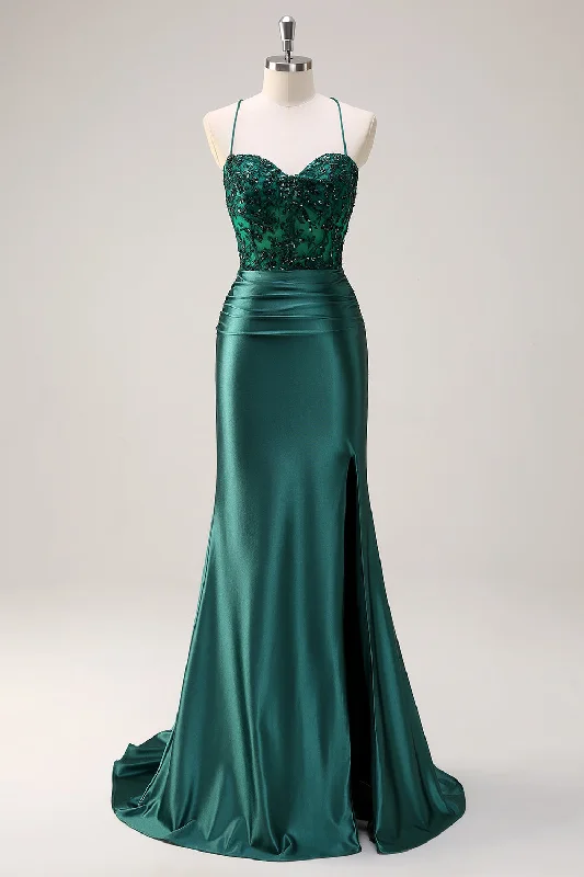 Capri Dresses for Playful -Sparkly Dark Green Mermaid Halter Corset Long Prom Dress With Slit