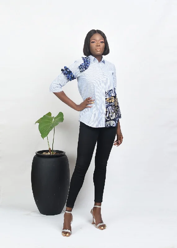 Leverback Blouses for Comfort -Aimas Karaka Striped shirt with Adire ruffle and sleeve detail