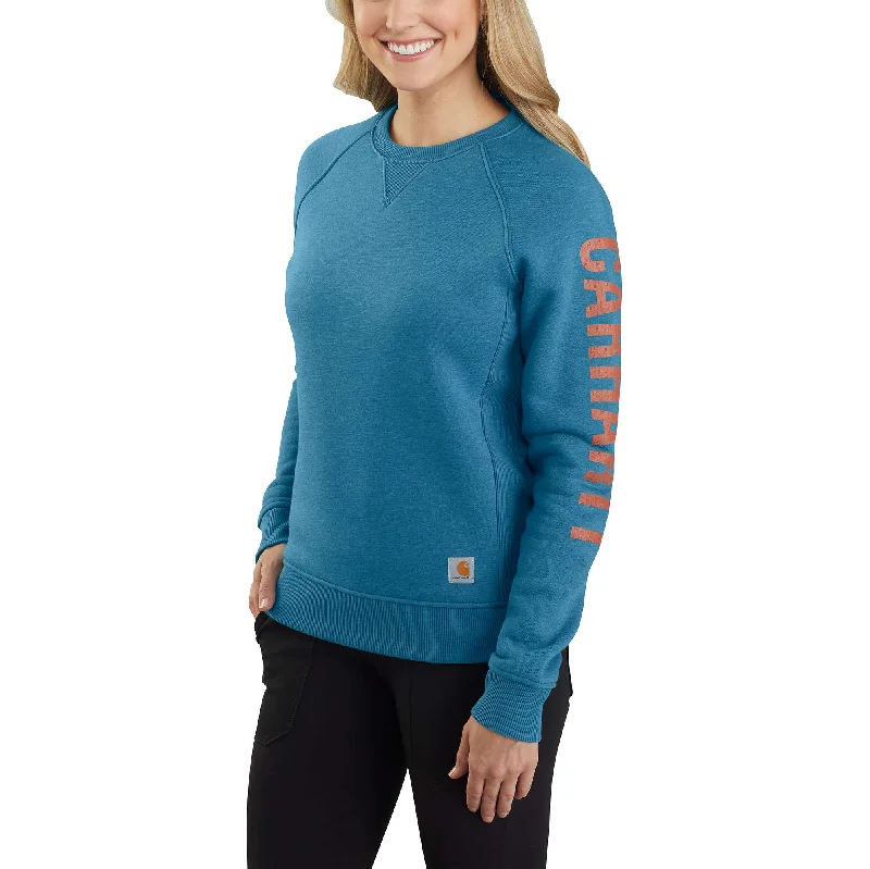 Push Back Blouses for Convenience -Women's Relaxed Fit Midweight Crewneck Block Logo Sleeve Graphic Sweatshirt