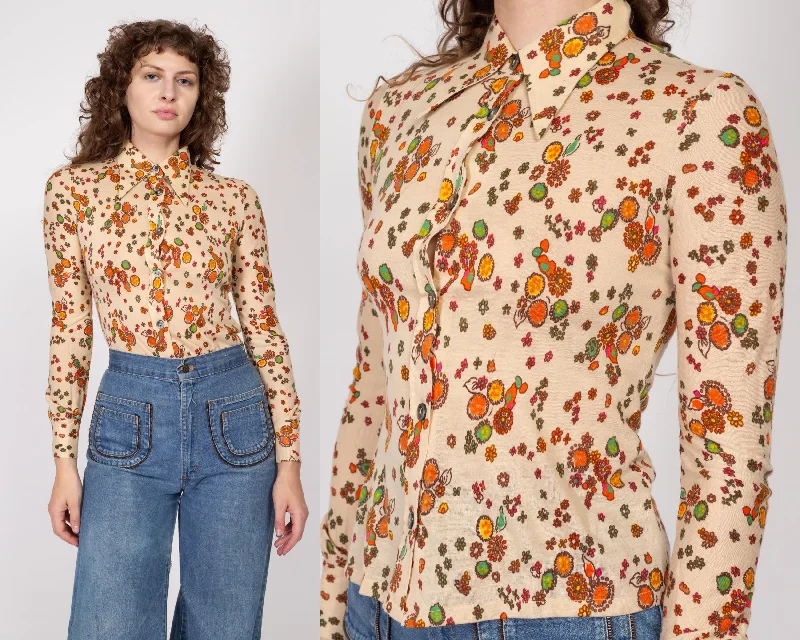 Tarnish Resistant Blouses for Long -XS 70s Boho Beige Floral Dagger Collar Shirt