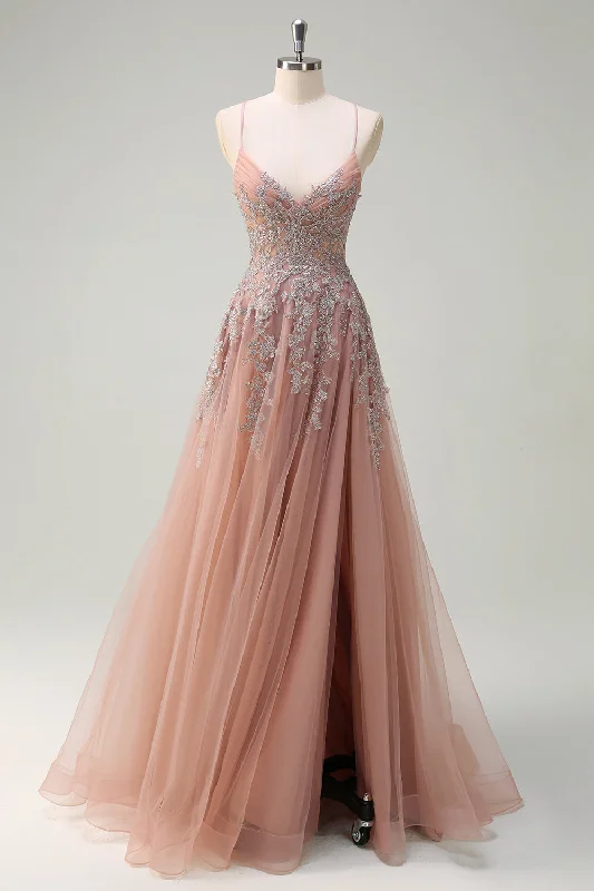 Tie-up Dresses for Decorative -Blush A Line Spaghetti Straps Lace Up Back Appliqued Long Prom Dress with Slit