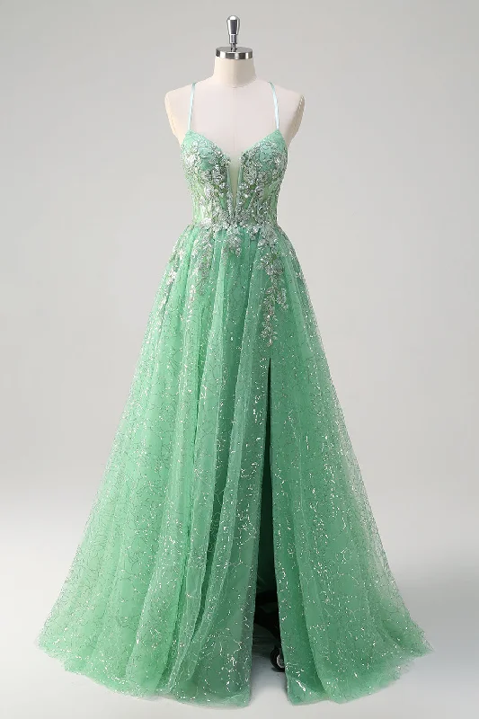 Vintage Dresses for Nostalgia -Sparkly Light Green A Line Spaghetti Straps Corset Tulle Prom Dress with Slit