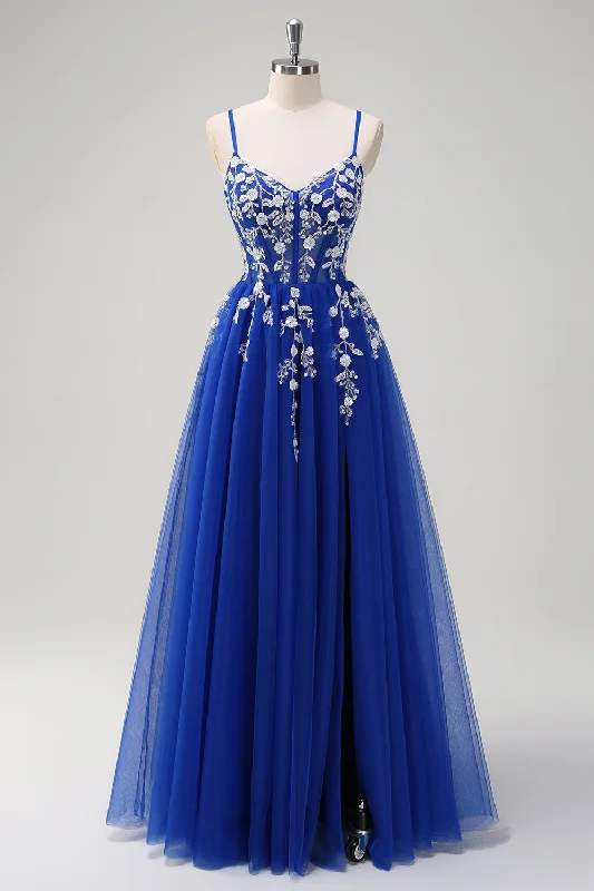 Off-shoulder Dresses for Feminine -Royal Blue A-Line Spaghetti Straps Applique Sequined Prom Dress with Slit