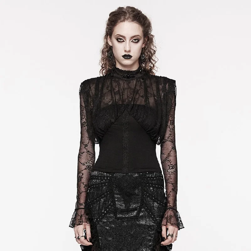 Lace Blouses for Delicate -Women's Gothic Stand Collar Flared Sleeved Lace Shirt