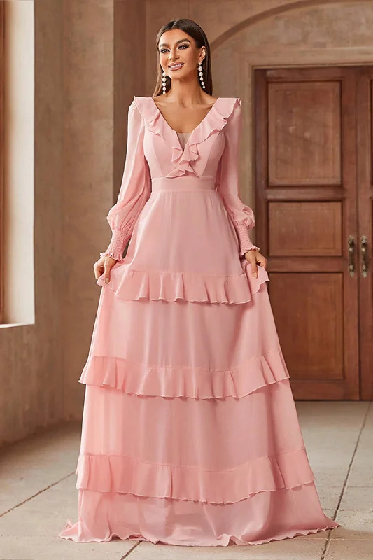 Linen Dresses for Breathable -Pink Chiffon V-neck Long Sleeves A-Line Tiered Long Prom Dress