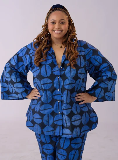 Blouson Blouses for Relaxed -Oya Abeo Cowry Blue Shirt with Hand-stamped batik prints