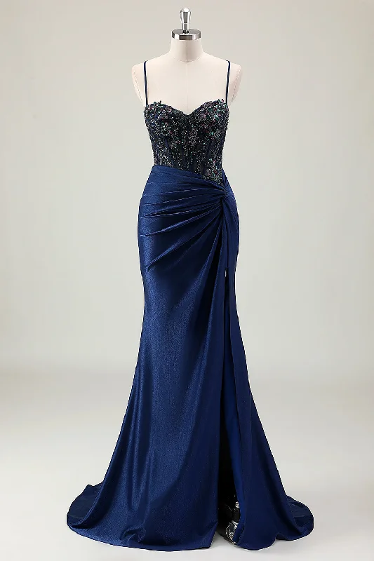 Wool Dresses for Warmth -Dark Navy Mermaid Sparkly Sequins Spaghetti Straps Prom Dress with Slit