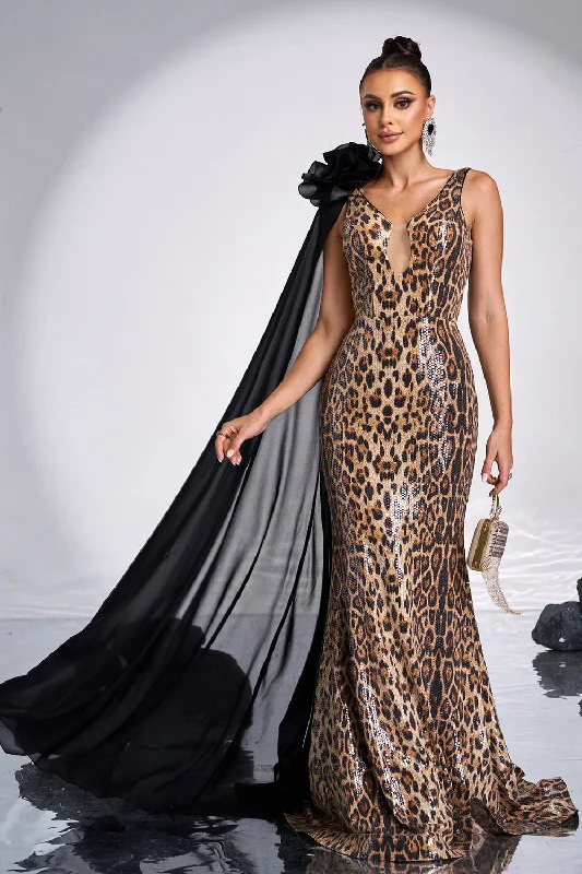 Cotton Dresses for Comfort -Coffee Leopard Printed Mermaid V-neck Long Prom Dress