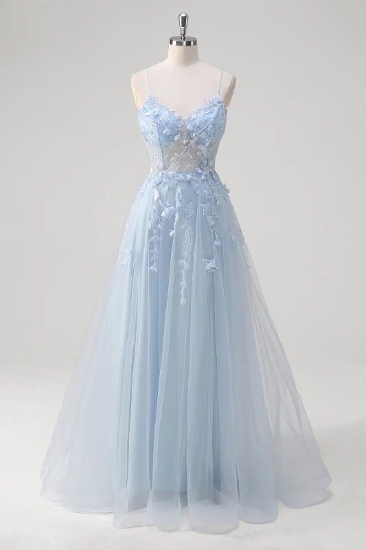 Strapless Dresses for Glamorous -Blue A Line Spaghetti Straps Appliqued Corset Long Prom Dress With Tulle