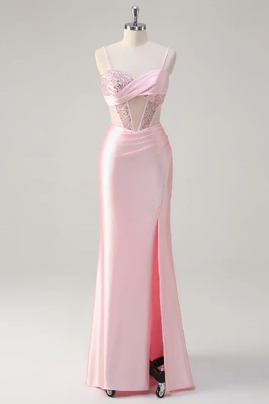 Maximalist Dresses for Bling -Sparkly Mermaid Pink Long Sequin Prom Dress with Slit