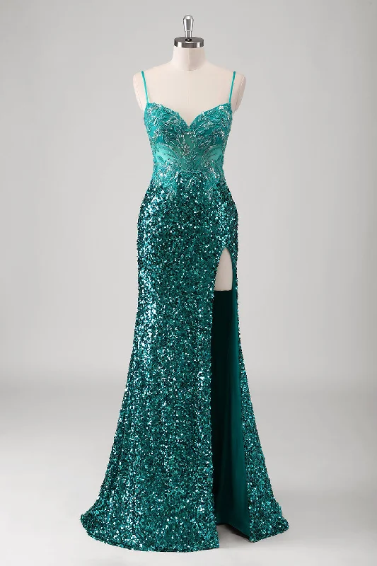 Sleeveless Dresses for Coolness -Peacock Green Mermaid Spaghetti Straps Long Prom Dress With Sequins