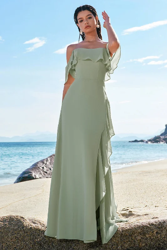 Hippie Dresses with Beads -Light Green Mermaid Off the Shoulder Long Bridesmaid Dress with Ruffle Slit