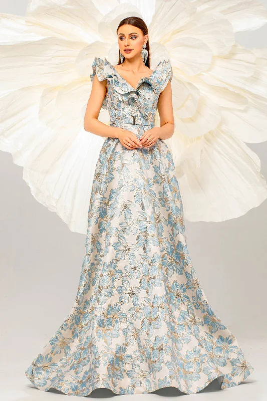 Tie-up Dresses for Decorative -Light Blue A Line Floral Print Ruffled Sleeves Prom Dress