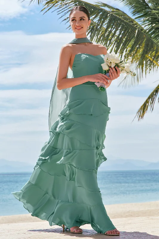 Tiered Dresses for Voluminous -Eucalyptus A Line Strapless Ruffled Long Bridesmaid Dress with Ribbon