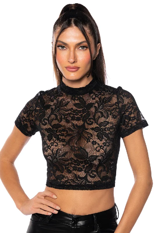 Blouson Blouses for Relaxed -CRISTINA SHORT SLEEVE LACE T SHIRT IN BLACK