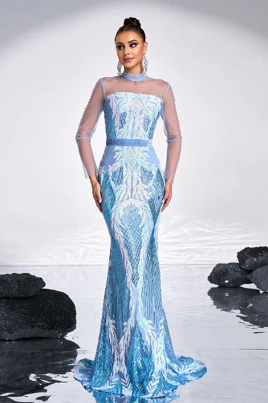 Leather Dresses for Luxury -Ligth Blue Mermaid Printed Illusion Sleeves Prom Dress