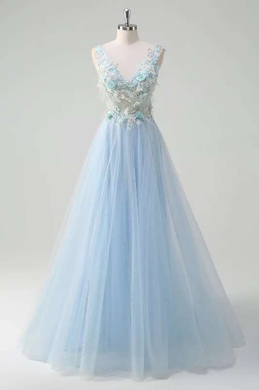 Capri Dresses for Playful -Light Blue Deep V-Neck Tulle A-Line Long Prom Dress with 3D Flowers