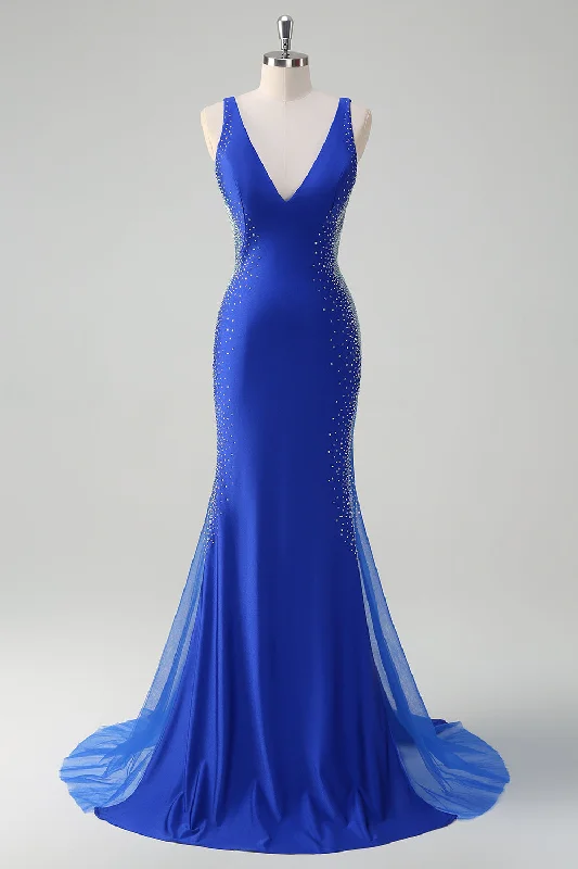 Sleeveless Dresses for Coolness -Sparkly Royal Blue Mermaid V Neck Beaded Satin Long Prom Dress