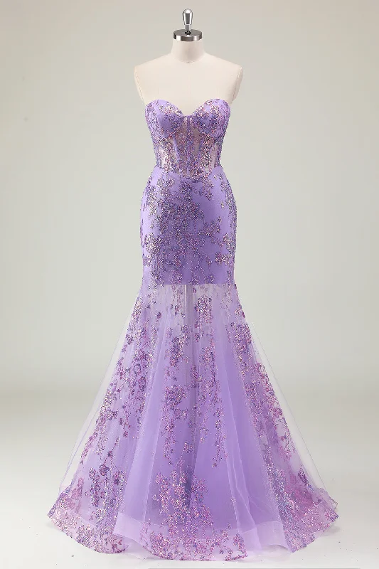 Wrap Dresses for Adjustable -Purple Mermaid Corset Strapless Long Prom Dress with Appliques