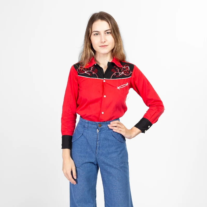 Hippie Blouses with Beads -XXS 1950s J Bar T Red Embroidered Western Shirt