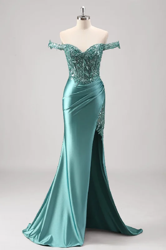 Printed Dresses with Patterns -Sparkly Grey Green Mermaid Off The Shoulder Sequins Metallic Prom Dress with Slit