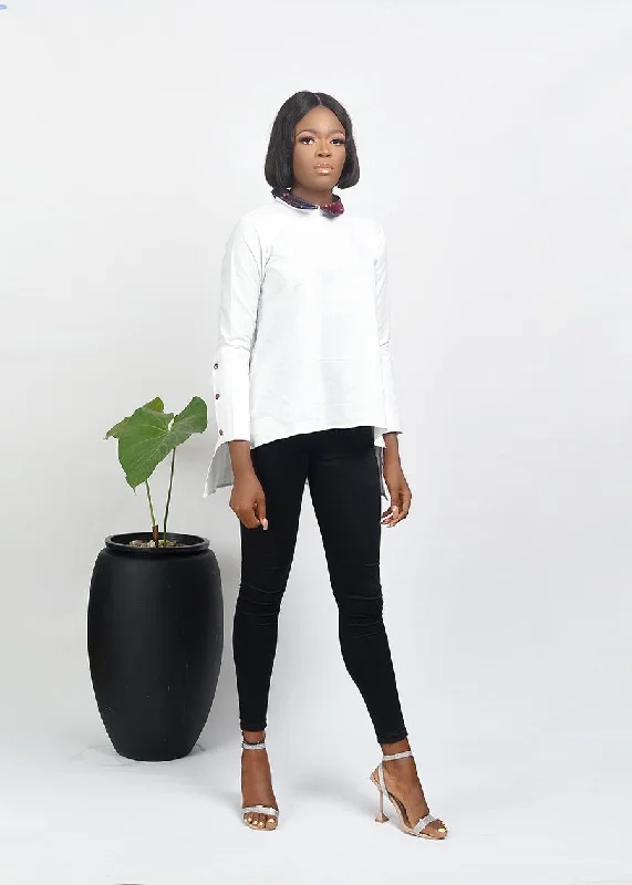 Clip On Blouses for Non Pierced -Aimas Bwola High-low shirt with Adire collar and Adire button details